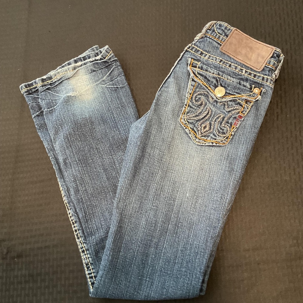 MEK Denim New Mazatlan Jeans Womens 28x34 Blue Mid Rise Slim Bootcut Distressed